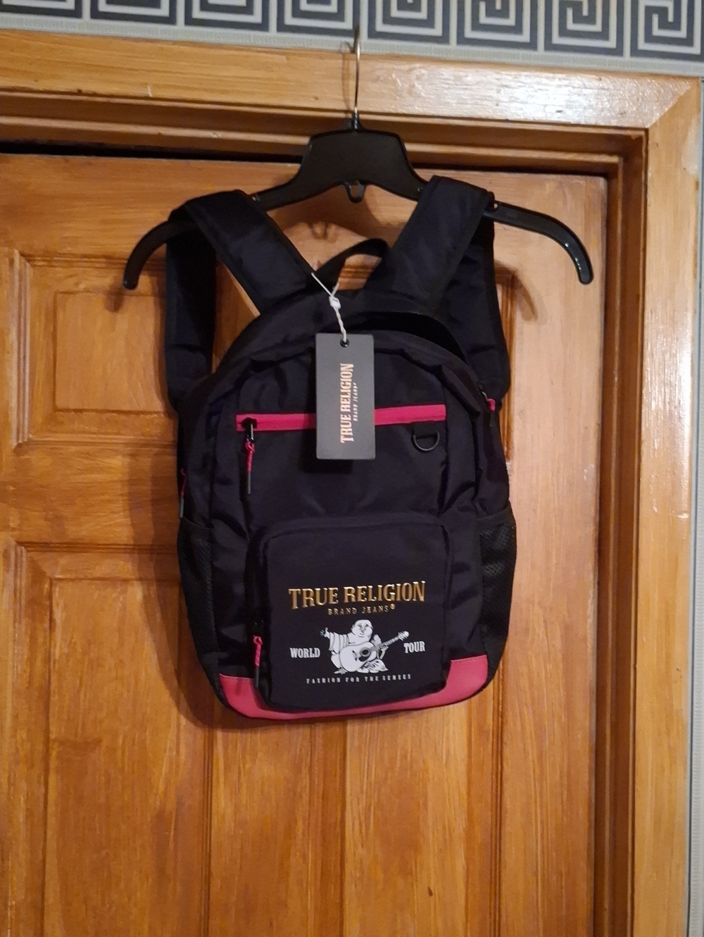 True Religion Black and Red Logo Backpack for Men